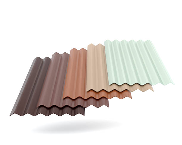 Stack of multicolor corrugated metal roof sheets isolated on white background. 3D illustration representing construction and roofing materials for industrial buildings, houses, and architecture projects. Suitable for product catalog, advertising, engineering, and construction business concepts.