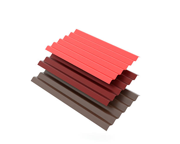 Stack of corrugated metal roof sheets in red and brown colors isolated on white background. 3D illustration representing construction and building materials for roofing, industrial architecture, and home improvement projects. Suitable for product catalog, advertising, engineering, and construction business concepts.