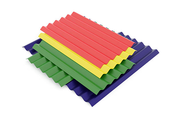 Stack of colorful corrugated metal roof sheets isolated on white background. 3D illustration representing construction and roofing materials for industrial buildings, houses, and architectural projects. Suitable for product catalog, advertising, engineering, and construction business concepts.