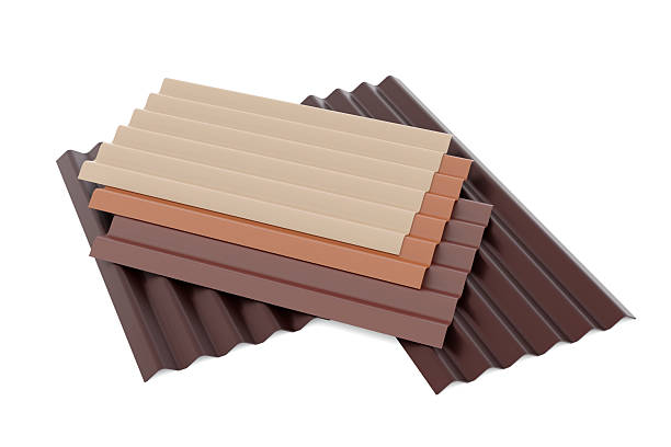 Stack of brown and beige corrugated metal roof sheets isolated on white background. 3D illustration representing construction and roofing materials for industrial buildings, houses, and architectural projects. Suitable for product catalog, advertising, engineering, and construction business concepts.