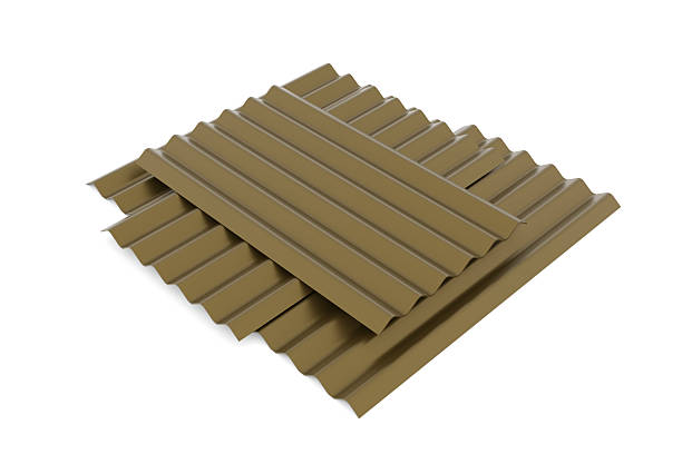 Stack of brown corrugated metal roofing sheets isolated on white background. 3D illustration representing roofing and construction materials for residential and industrial buildings. Suitable for architecture, engineering, product catalog, advertising, renovation, and construction business concepts.