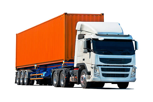 Semi Trailer Trucks on White Background. Big Rig, Tractor Truck. Shipping Cargo Container. Economy Business Truck Transport on Road. Trucking. Freight Logistics Truck Transport.