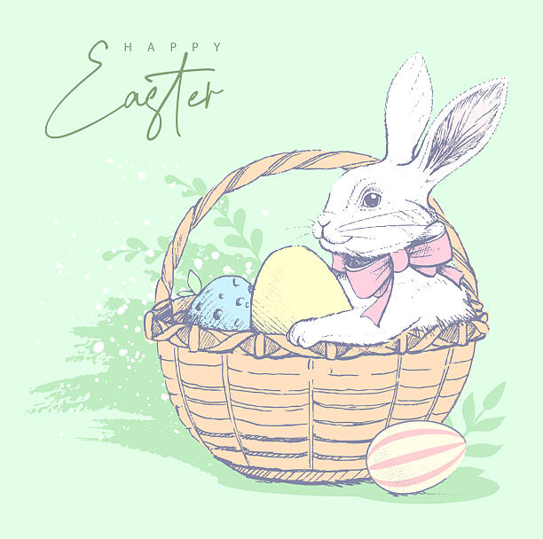 Holiday Easter artistic poster or greeting card with rabbit, basket and colorful eggs on green background. Vector illustration
