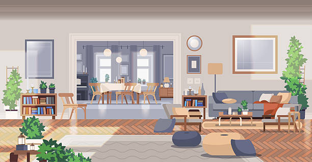 Spacious home recreation room with furniture and decor. Modern interior banner illustration