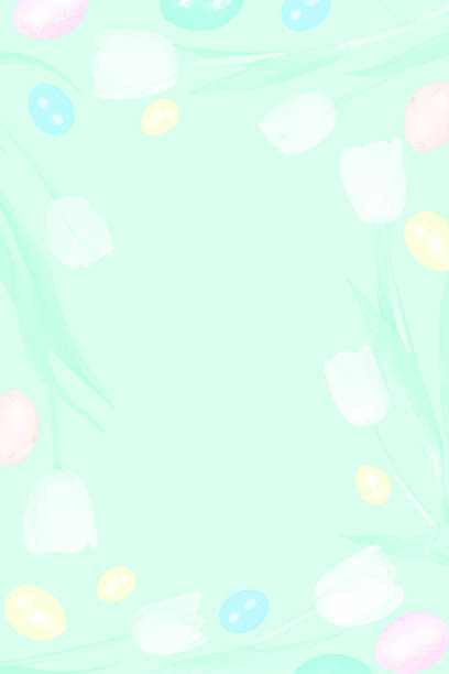 Pastel mint green background bordered with white tulips and colorful Easter eggs, ideal for spring-themed cards or invitations.