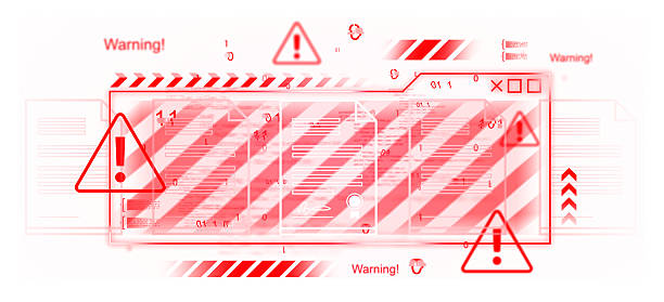 Digital warning interface with red alert signs, error icons, binary code and documents on blurred white background. Concept of data breach. 3D Rendering