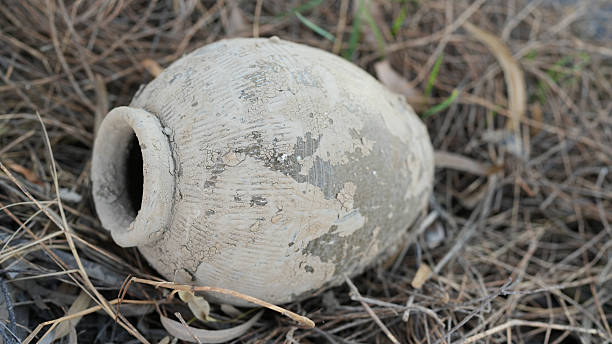 Ancient pottery artifact resting on dry grass, showcasing weathered texture and earthy tones, evokes sense of history and craftsmanship