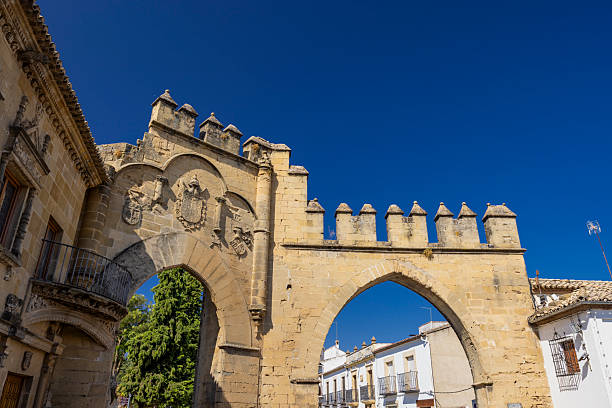 Historic stone archway facade with architectural details and crests under a clear blue sky