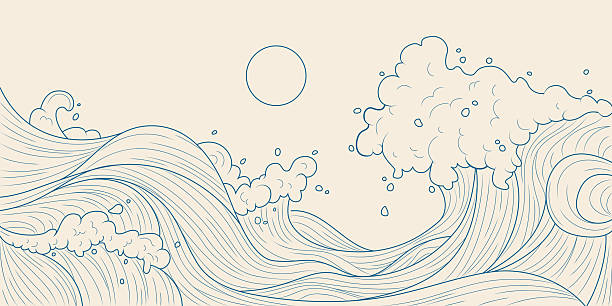 Traditional Japanese water wave illustration with flowing ocean lines, foam details, sun circle and droplets for oriental art or decorative backgrounds. Blue outline drawing of classic sea pattern