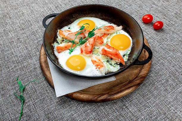 Hearty Fried Eggs with Crab Meat and Tomatoes in a Cast Iron Skillet