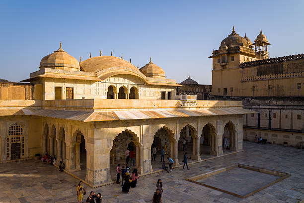View from Jaipur Amber fort over the town of Amer on a sunny day in Rajasthan, India