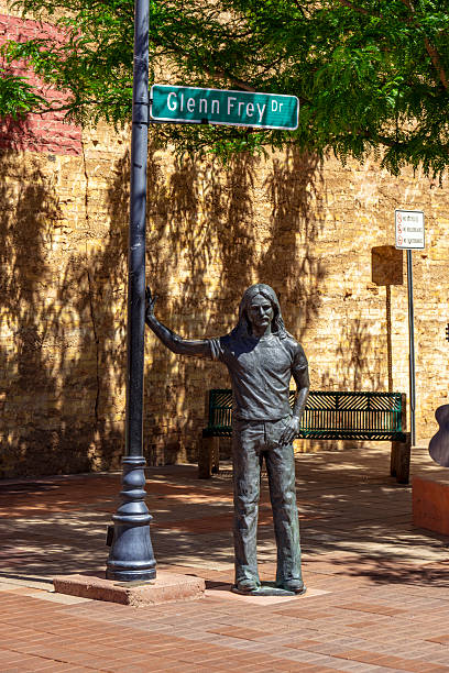 Winslow, Arizona, United States - May 21, 2025:  Statue of a member of the music band The Eagles at Route 66 in Winslow, Arizona
