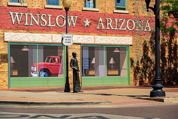 Winslow, Arizona, United States - May 21, 2025:  Statue of a member of the music band The Eagles at Route 66 in Winslow, Arizona