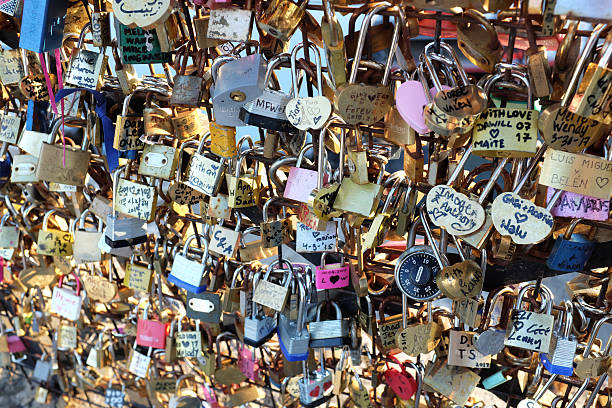 A close-up view of numerous padlocks attached to a fence, each with unique engravings and colors, symbolizing love and commitment