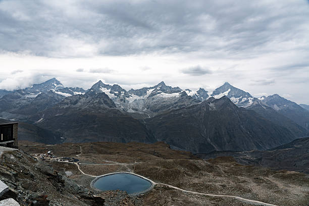 Alps Range, Gornergrat Glacier and glacial lakes during a stormy winter, Switzerland
