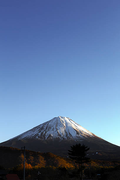 Winter landscape of Mount Fuji with snow covered peak under clear blue sky, scenic nature background ideal for travel and seasonal concepts