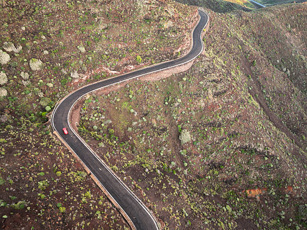 Overhead view of a red car traveling empty road on rocky mountain, Gran Canaria, Spain