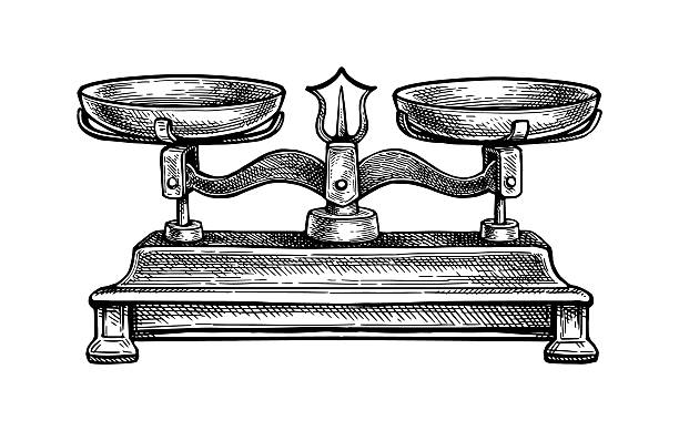 Antique balance scale with brass. Ink sketch. Hand drawn vector illustration. Vintage style.