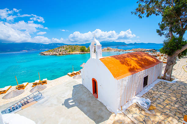 A view of small white church in Kastellorizo Island. Katellorizo is popular tourist destination in Greece.
