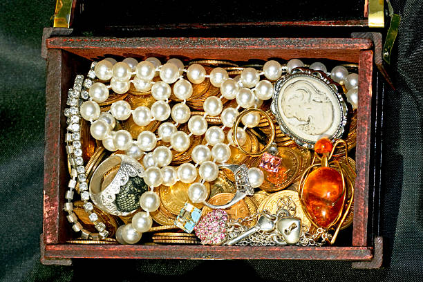 Jewellery and Valuables in Open Wooden Chest Safety Storage