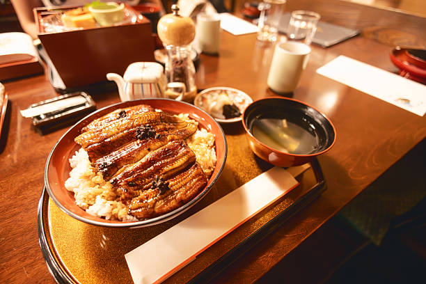 Eel over rice in Japan with Miso soup
