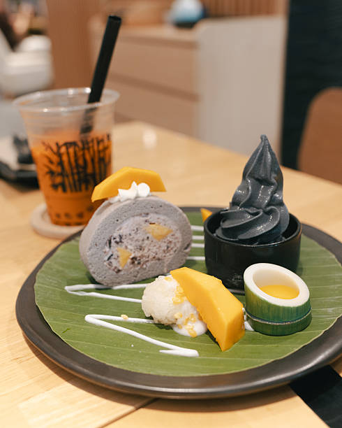 Assorted Thai Desserts - Taro Cream Roll, Charcoal Ice Cream, Mango Sticky Rice