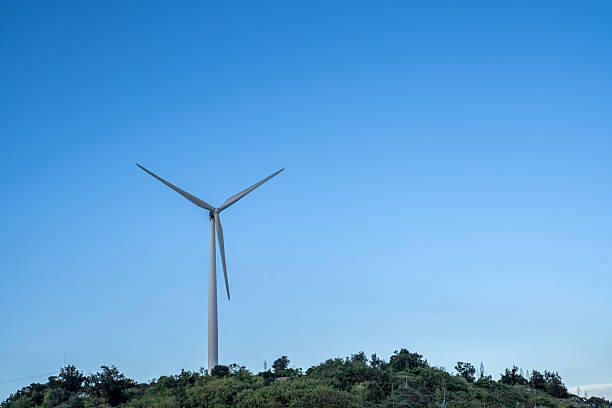 Wind turbines on an island on a sunny day