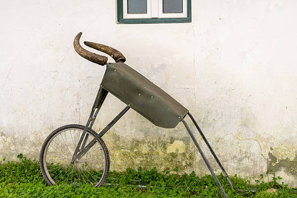 Vintage wooden bicycle leaning against white wall
