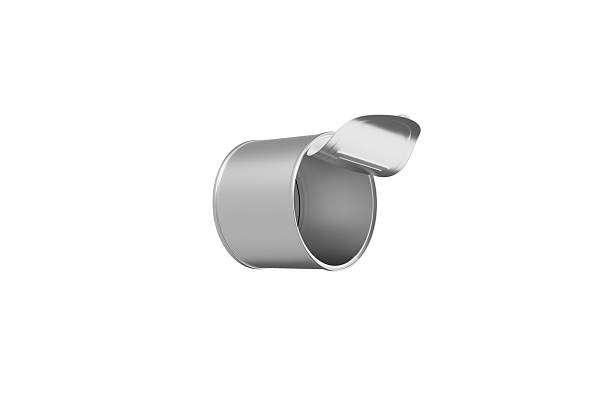 Empty open metal food tin can isolated on white background, showing an inside view. Ideal for concepts of food, packaging, and recycling.