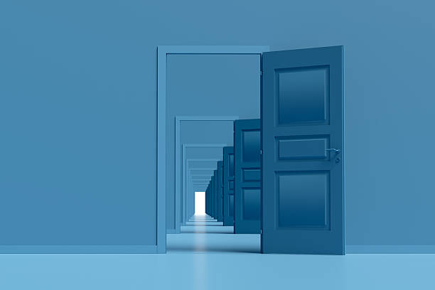 Open white double doors lead to a bright space, set against a blue wall background. Concept of opportunities and new beginnings. 3D Rendering