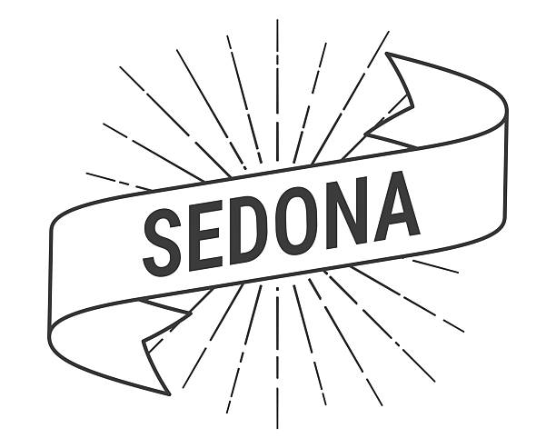 Sedona. Banner, ribbon, label with a thin black outline and light rays. Trendy black and white illustration isolated on a blank background for your own design. Vector Illustration (EPS file, well layered and grouped). Easy to edit, manipulate, resize or colorize. Vector and Jpeg file of different sizes.