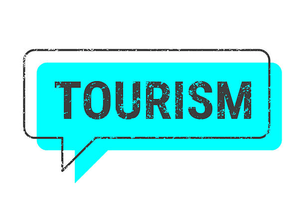 Tourism. Speech bubble, banner, label for your own design, isolated on a white background. The speech bubble is neon blue with a black textured frame and text. Trendy banner with a grunge effect. Vector Illustration (EPS file, well layered and grouped). Easy to edit, manipulate, resize or colorize. Vector and Jpeg file of different sizes.