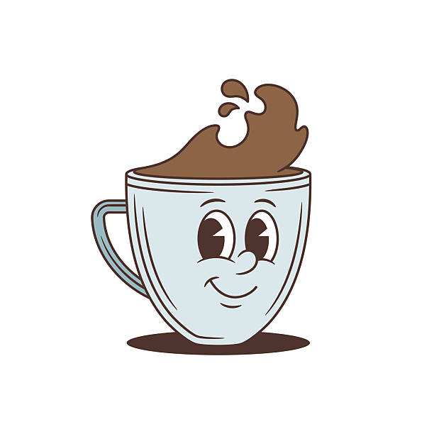 A slyly smiling cartoon coffee cup character. Ideal mascot for a coffee brand. Classic retro hot beverage vector illustration. A playful comic doodle style art with a coffee splash