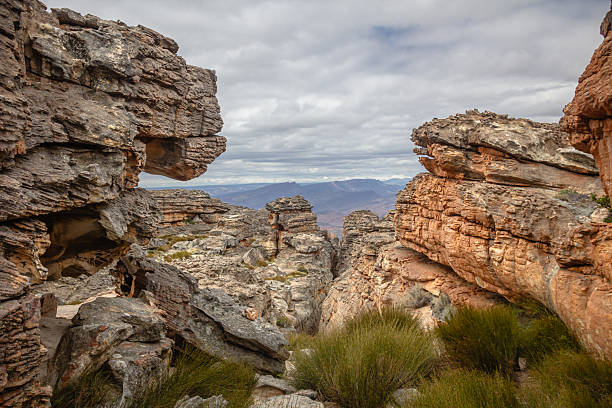 Wide rocky plateau landscape featuring layered sandstone rock formations, rugged cliffs, and sparse grass vegetation under a cloudy sky. Natural wilderness scene highlighting geological textures, erosion, and the vast scale of a remote arid environment.