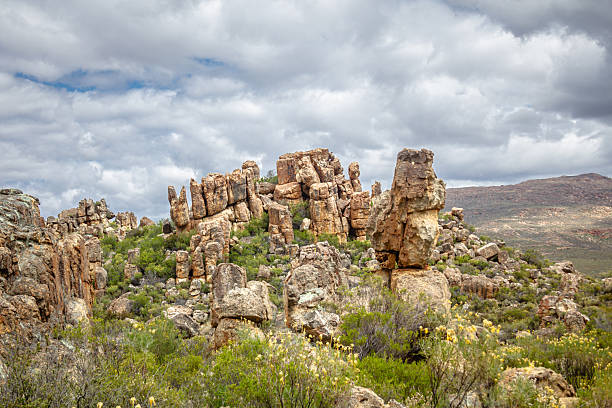 Rugged wilderness landscape featuring dramatic weathered rock formations and stacked stone pillars rising from low green shrubland under a cloudy sky. Natural scene highlighting erosion, geological history, and the raw beauty of an arid environment