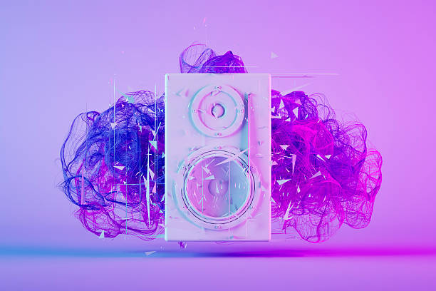 Audio Speaker with Nebula on Neon Lighting Purple Background, Minimal Music Concept. Digitally generated image. 3d render.