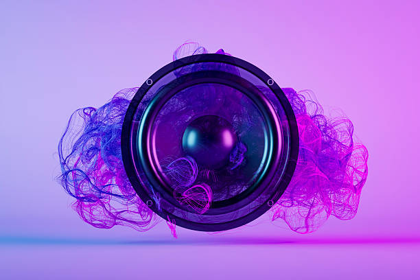 Audio Speaker with Nebula on Neon Lighting Purple Background, Minimal Music Concept. Digitally generated image. 3d render.