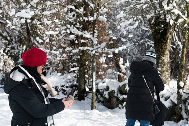 Women wearing winter clothing documenting winter landscape with smartphone