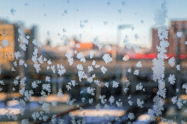 Close up view of delicate frost crystals forming natural snowflake patterns on a window glass with an out of focus urban cityscape in the background. Soft winter light and shallow depth of field create an abstract atmospheric scene symbolizing cold weather seasonal change and winter mornings in a city environment