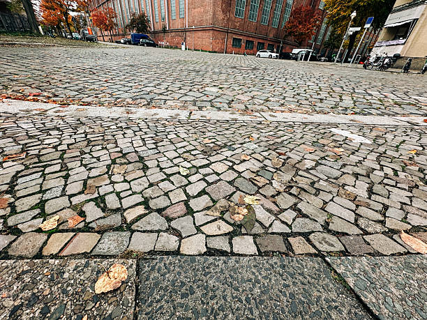 Cobblestone pavement covered with fallen leaves, autumn season and urban texture background. Shot in Berlin, Germany.