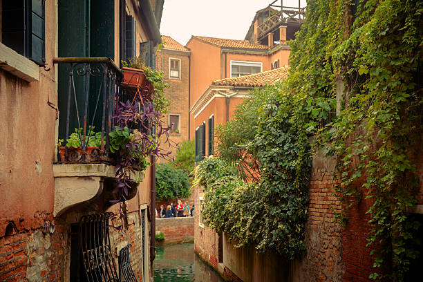 A quiet residential canal in Venice, Italy, framed by historic buildings, brick walls, balconies with plants, and lush green vegetation. This intimate view captures the authentic side of Venice away from crowded landmarks, highlighting everyday life, timeless architecture, and the city’s unique relationship with water.