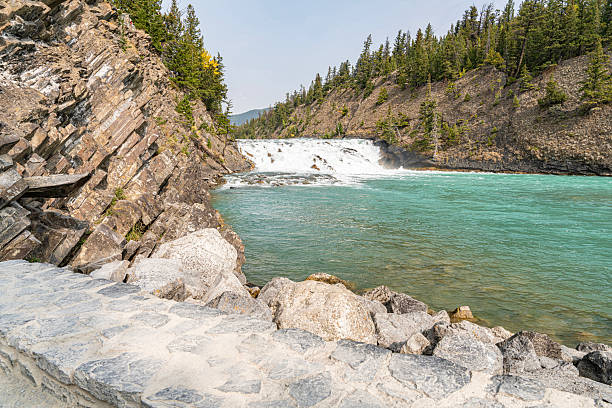 A majestic view of Bow Falls in Banff National Park, Alberta, Canada. The image showcases the turquoise glacial water of the Bow River rushing past rugged, tilted sedimentary rock strata on the left bank, seen from a stone walkway.