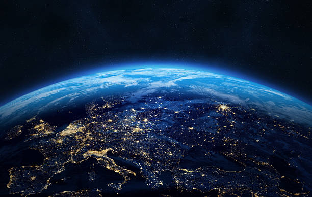 Nightly Earth planet in outer space. Night on planet with cities lights. Central, West, South, East Europe and Asia at night viewed from space, high resolution image. This image elements furnished by NASA. ______ Url(s):https://visibleearth.nasa.gov/images/57747/blue-marble-clouds/77558lhttps://svs.gsfc.nasa.gov/30028Adobe Photoshop CC 2023. Knoll light factory. Adobe After Effects CC 2021.