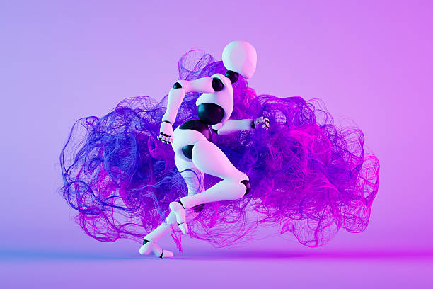 A high-tech 3D rendering of a white humanoid robot captured in a dynamic running pose. The android is enveloped in a vibrant abstract cloud of purple and blue smoke, symbolizing artificial intelligence agility, processing speed, and digital momentum. Set against a soft gradient background, this visual represents themes of robotic automation, machine learning evolution, futuristic athletics, and technological breakthroughs. Ideal for showcasing the rapid advancement of autonomous systems and the fluid energy of AI.