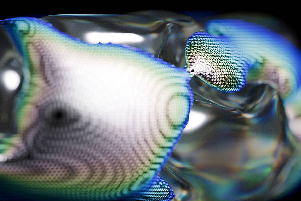 Close-up of a translucent, curvy object with rainbow light dispersion. The interplay of light and shadow highlights smooth textures and complex, sophisticated geometric ripples