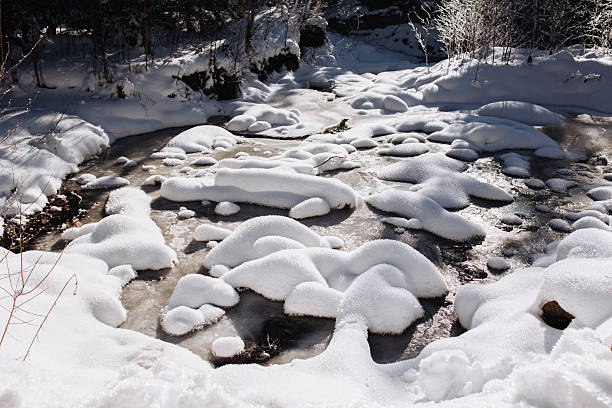Snow blankets a shallow river, shaping rounded rocks into soft white mounds. Sunlight sparkles on the ice, while shadows from trees add contrast in a serene, wintry forest landscape