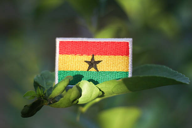Eco friendly concept featuring an embroidered Ghana flag patch resting on a fresh green lime leaf with soft sunlight and a blurred forest background. The image conveys sustainability, climate action, and environmental awareness, symbolizing harmony between national identity, cultural heritage, and nature. Suitable for eco tourism, green initiatives, and conservation communication.
