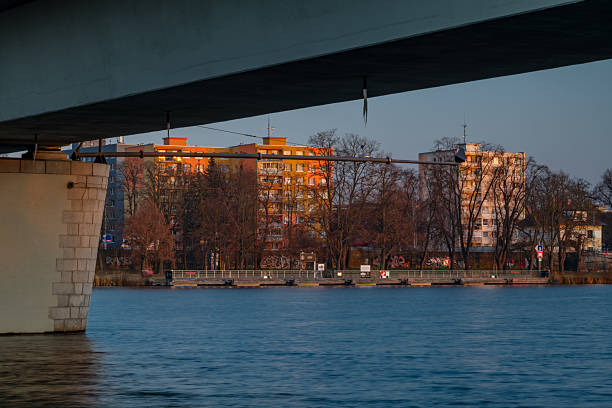 Sunset color evening with river Labe and paper mill in Steti CZ 01 20 2026