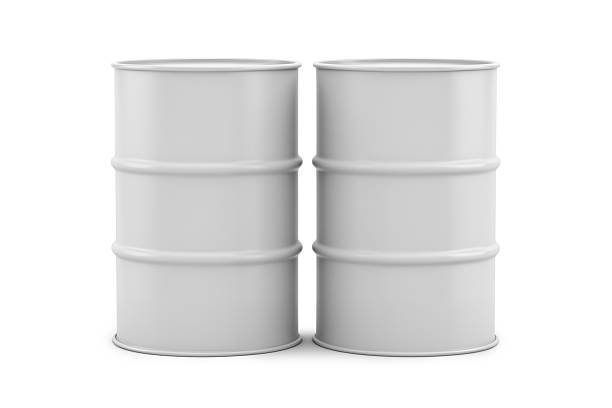 3d rendering of two white metal barrels isolated on white background. Industrial containers for oil or chemicals.