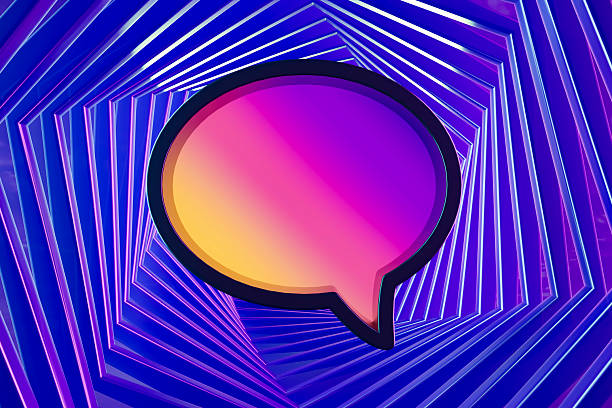 A dynamic 3D rendering featuring a colorful speech bubble with orange and purple gradients, positioned at the entrance of a deep, multi-layered geometric tunnel. This imagery represents Artificial Intelligence (AI) chatbots, multi-channel customer support, and advanced machine learning dialogues. The complex perspective of the tunnel symbolizes deep data processing and the digital infrastructure of modern virtual assistants, making it perfect for representing automated messaging, smart social media interaction, and the future of human-computer communication.